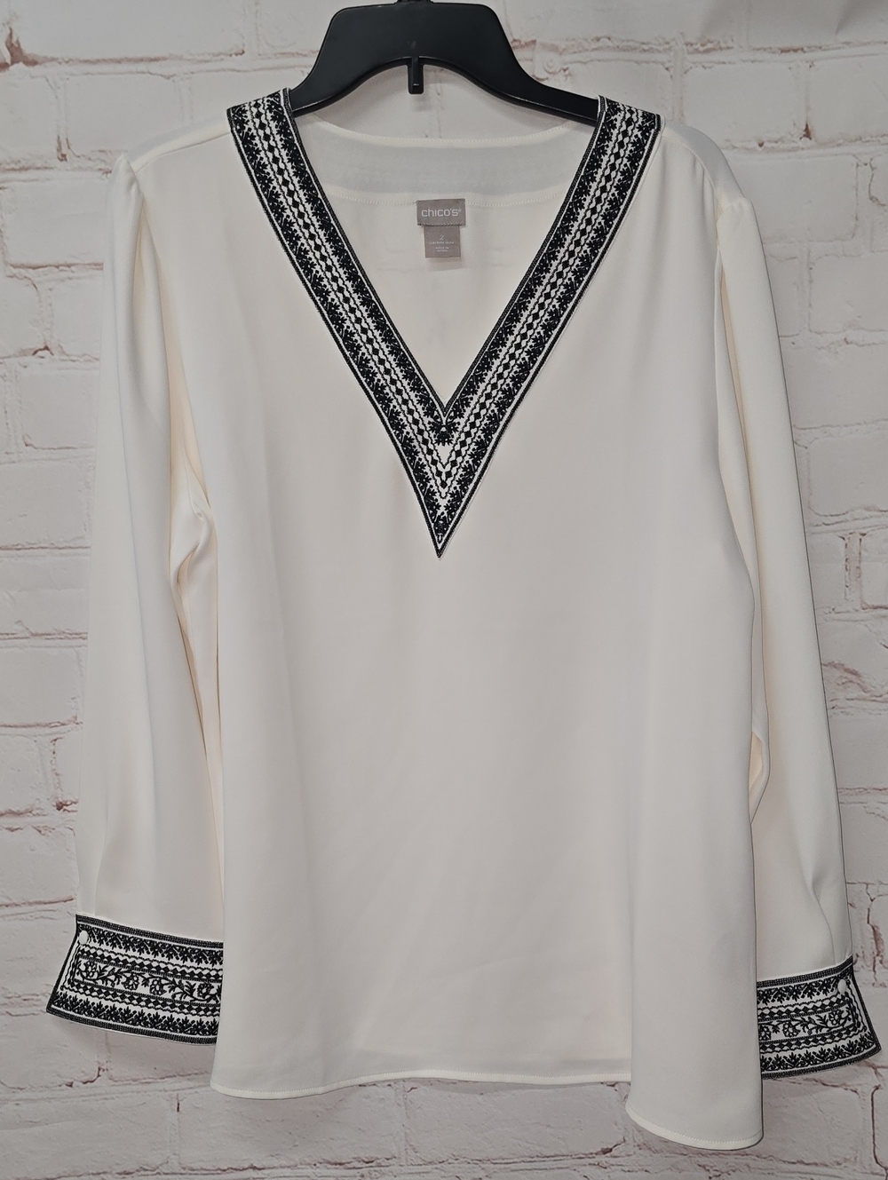 Chico's Cream V-Neck Tunic with Black Embroidered Trim Size 2